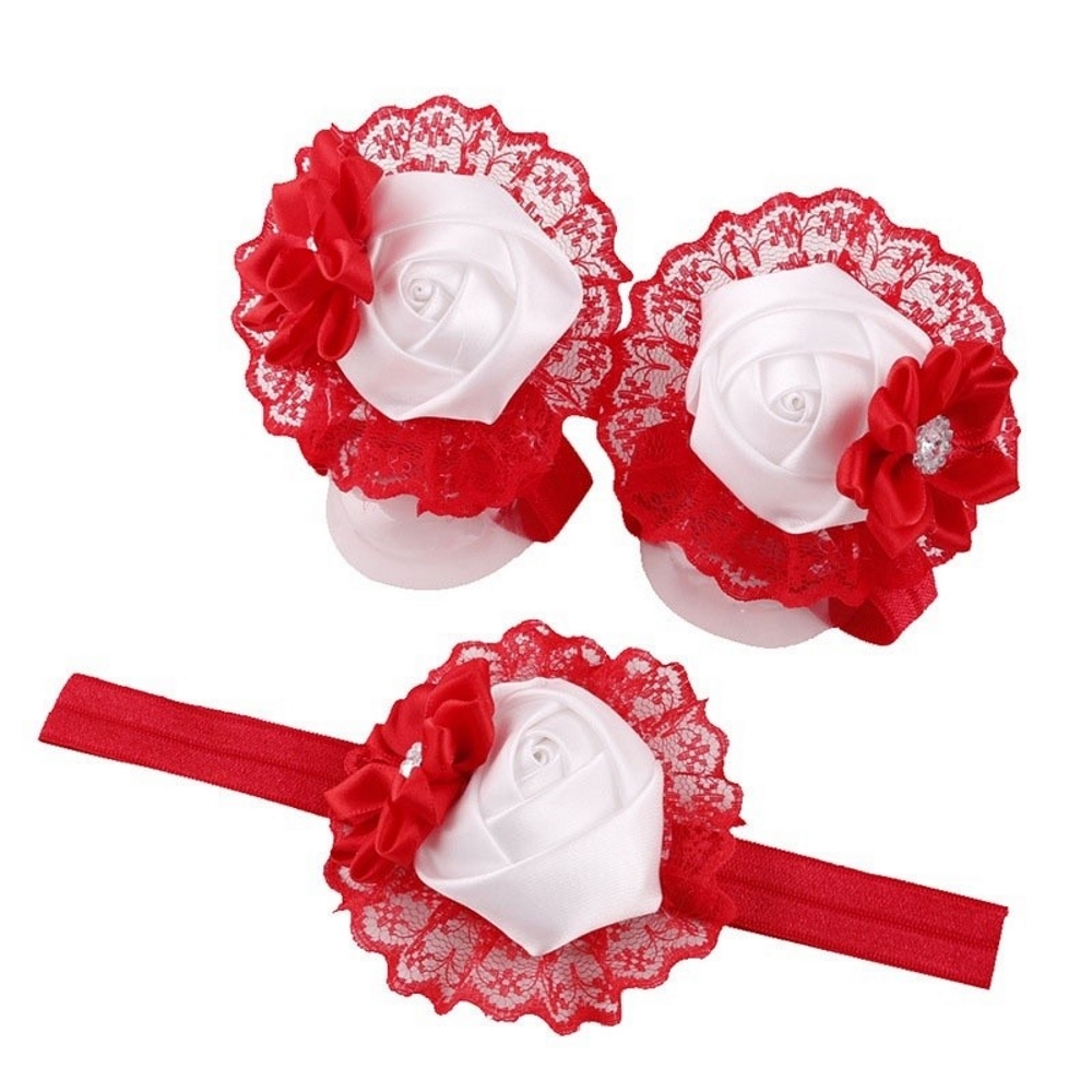 Baby Rose Flower  Hairband Headwear+Design Foot Band Ties Barefoot - 5
