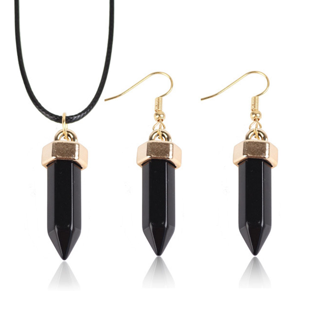 Stone Necklace with PU Leather & Brass  + earrings 