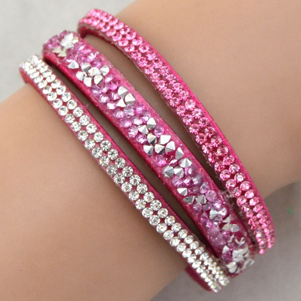 Rhinestone Leather Wrap Wristband Bracelet Bangle - 5