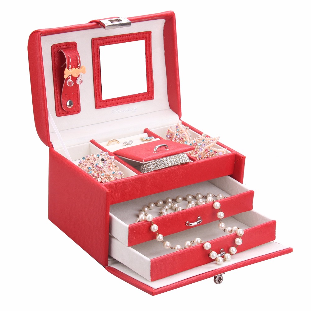 Jewelry organizer PU Leather Tri-Layer Dual Drawer Jewelry Storage Box Watch Earring Necklace Bracelet Nail Display