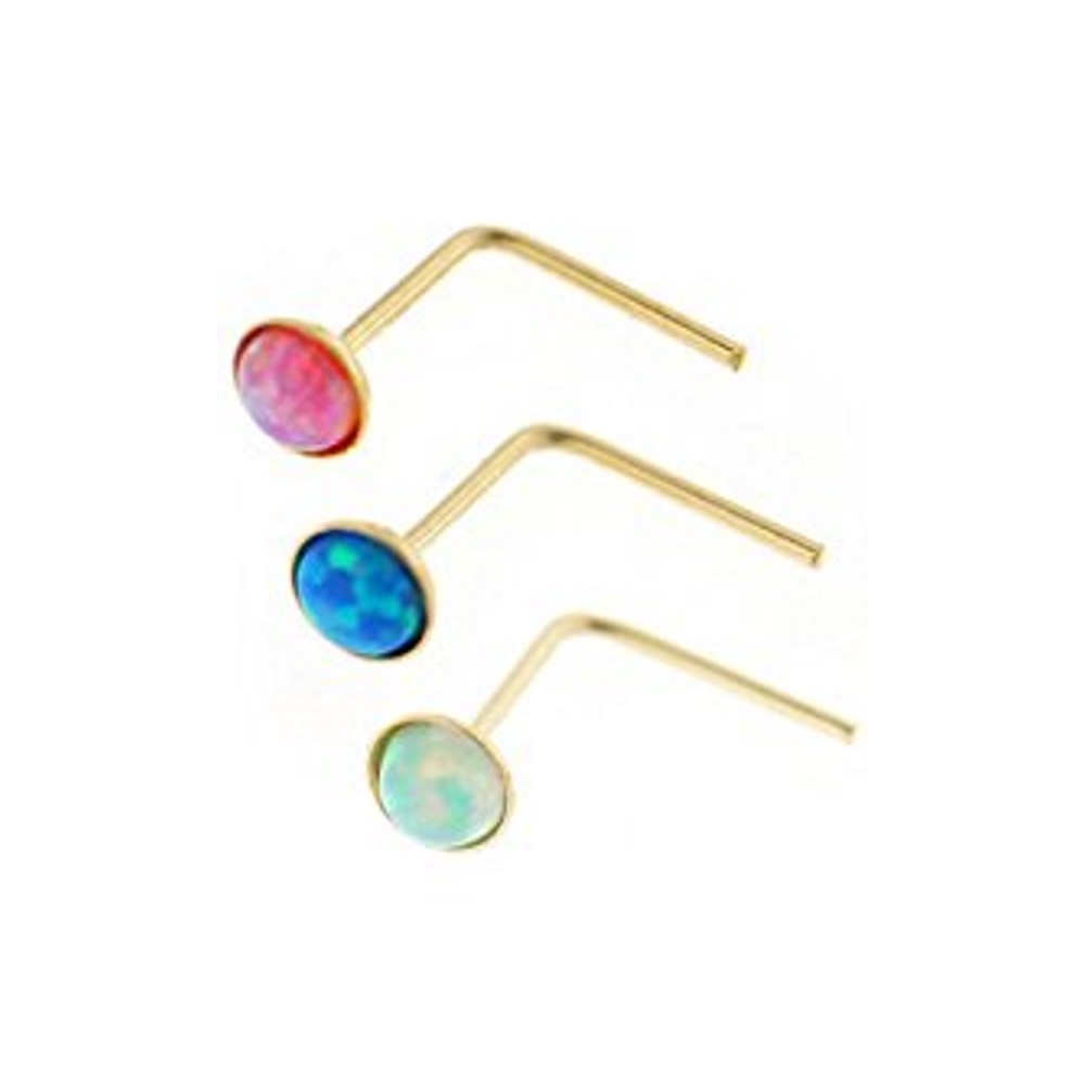Opal Stone 2mm 9K yellow Gold L-Shape Nose Stud - 2
