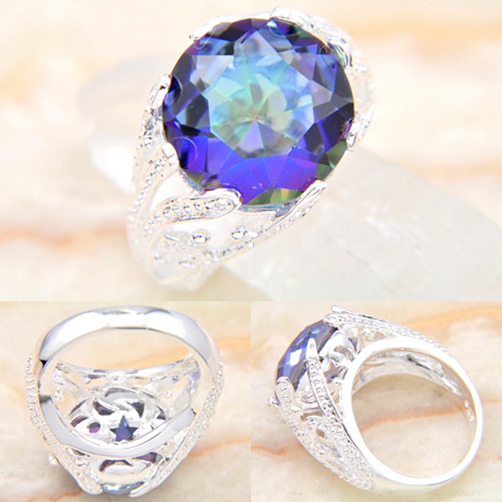 Silver regnbågsfärgade topas ädelsten ring # 18