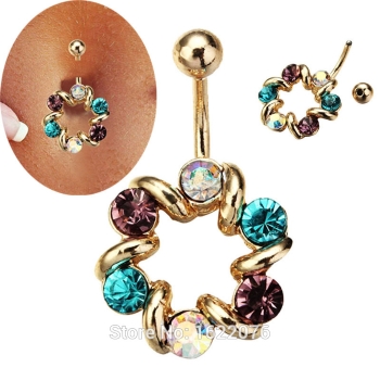 14G Gold Plating 14G Colorful Rhinestones Belly Button Ring Body Jewelry Piercing