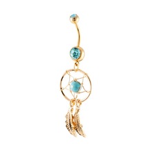 Golden Dream Catcher Feather BLUE Rhinestone Piercing Belly Button Navel Ring Barbell - 2