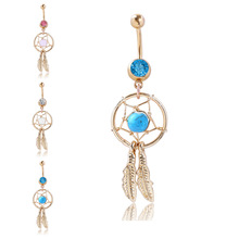 Golden Dream Catcher Feather BLUE Rhinestone Piercing Belly Button Navel Ring Barbell