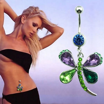 316 surgical steel Crystals Multicolor Dragonfly dangling navel ring body jewelry