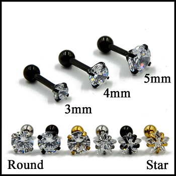 Helix Tragus Piercing 1 ST SVART/SILVER/GULD rund & stjärna Zircon