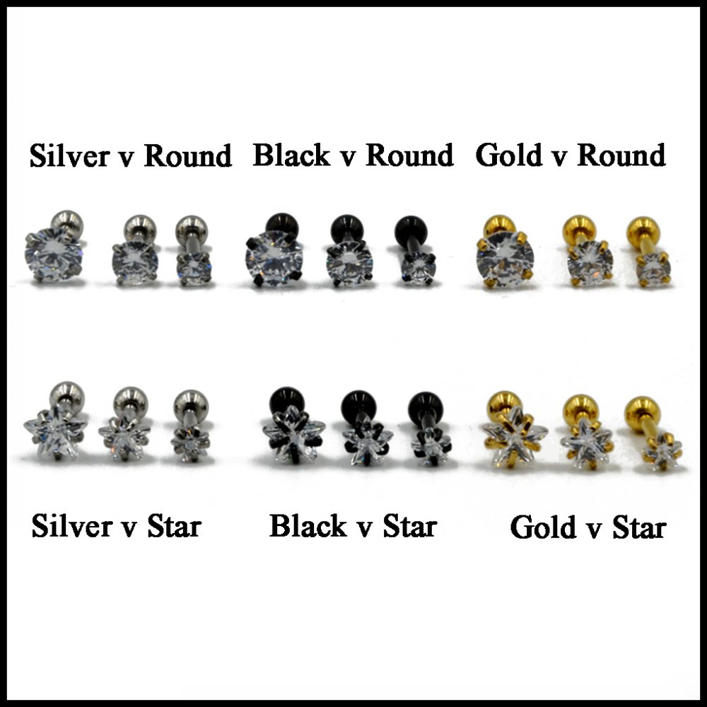 Helix Tragus Piercing 1 ST SVART/SILVER/GULD rund & stjärna Zircon - 2
