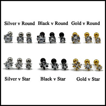 Helix Tragus Piercing 1 ST SVART/SILVER/GULD rund & stjärna Zircon