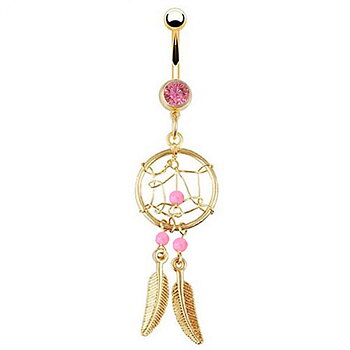 Golden Dream Catcher Feather PINK Rhinestone Piercing Belly Button Navel Ring Barbell