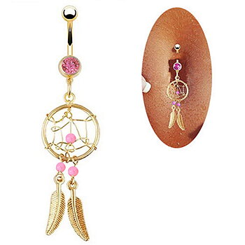 Golden Dream Catcher Feather PINK Rhinestone Piercing Belly Button Navel Ring Barbell