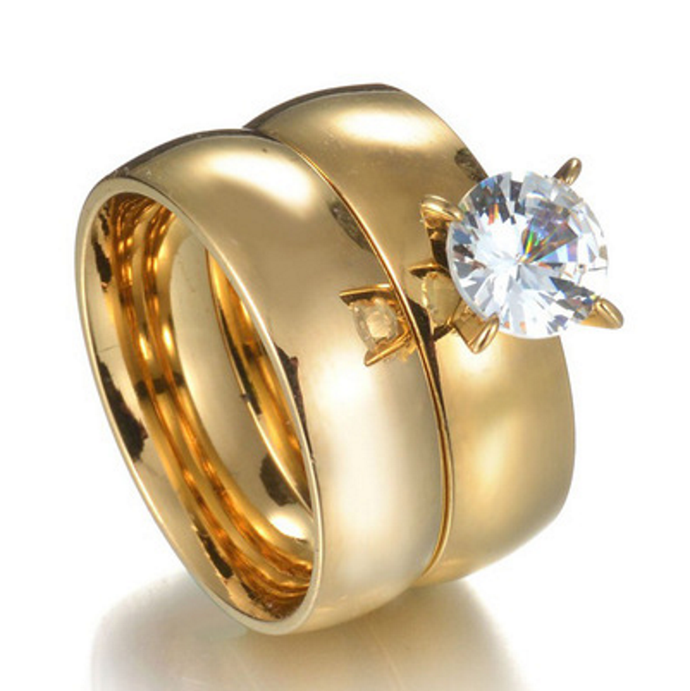Stainless Steel Ring CZ Gold Plated 2 pcs ring sets