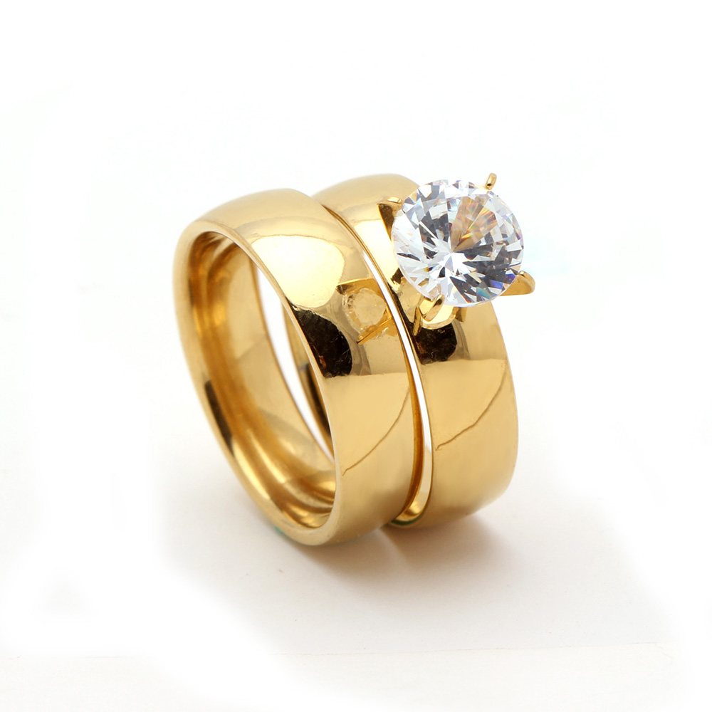 Stainless Steel Ring CZ Gold Plated 2 pcs ring sets - 2