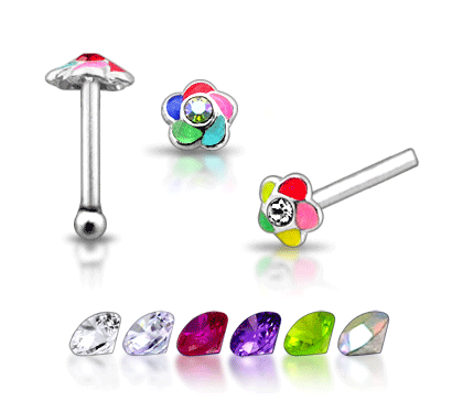 925 Silver Hand Painted Jeweled Flower Nose Stud - 2