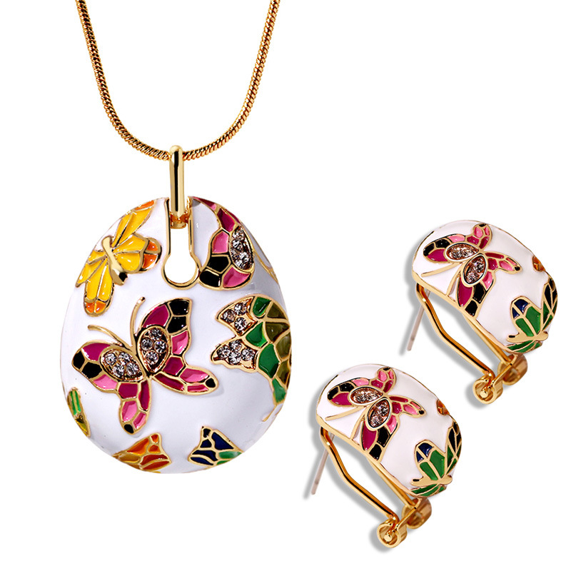 Europe Vintage Enamel Necklace Earrings Jewelry Sets