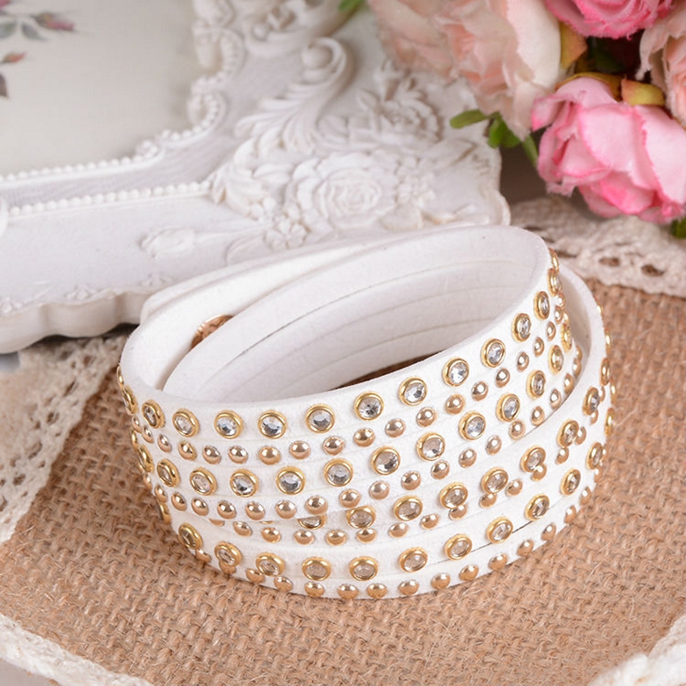 Rhinestone Leather Wrap Wristband Cuff Punk Bracelet Bangle