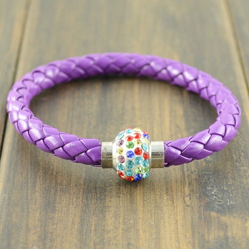 Leather Wristband Magnetic Rhinestone Buckle Bracelet