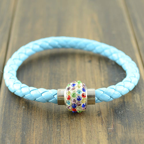 Leather Wristband Magnetic Rhinestone Buckle Bracelet