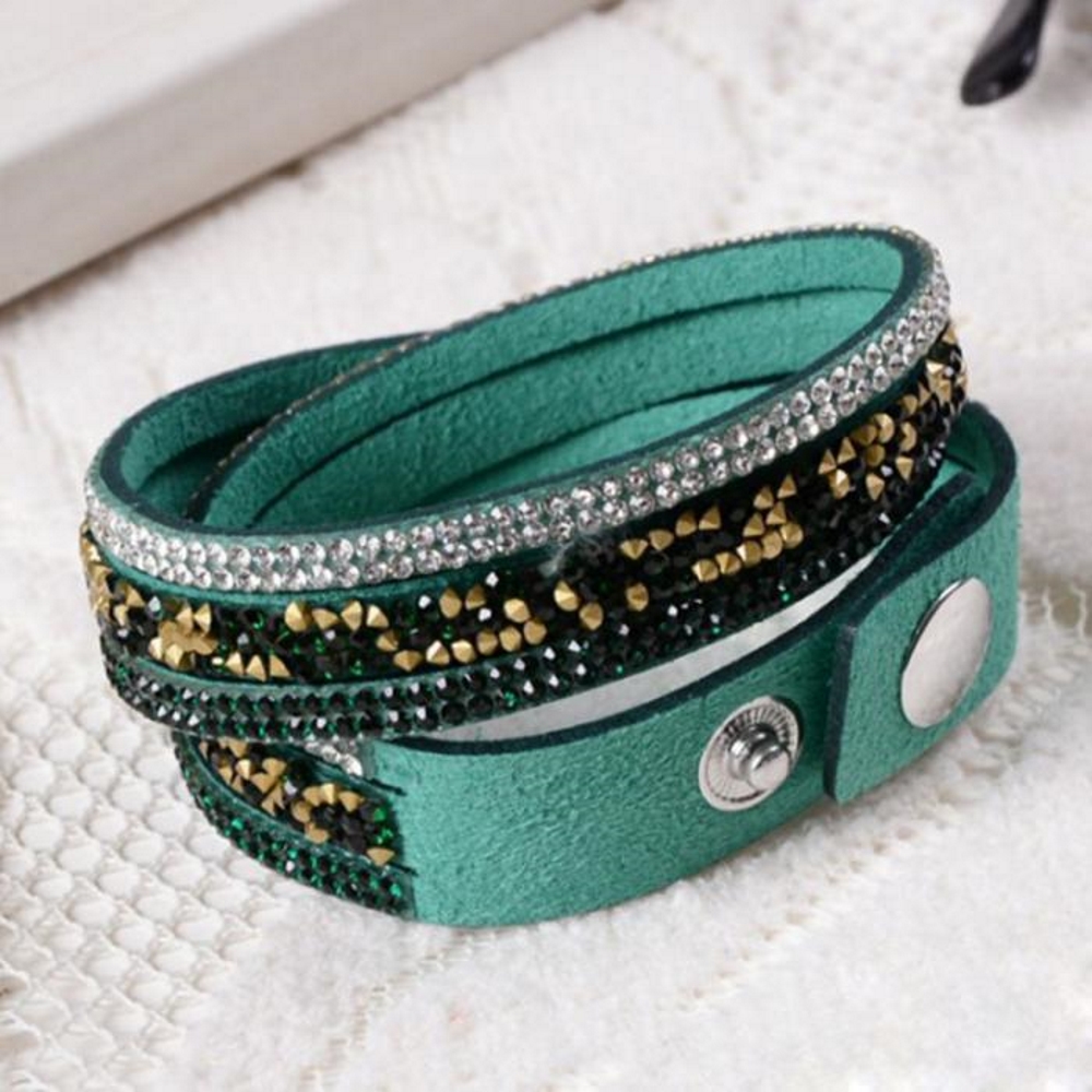 Rhinestone Leather Wrap Wristband Cuff Punk Bracelet Bangle - 6