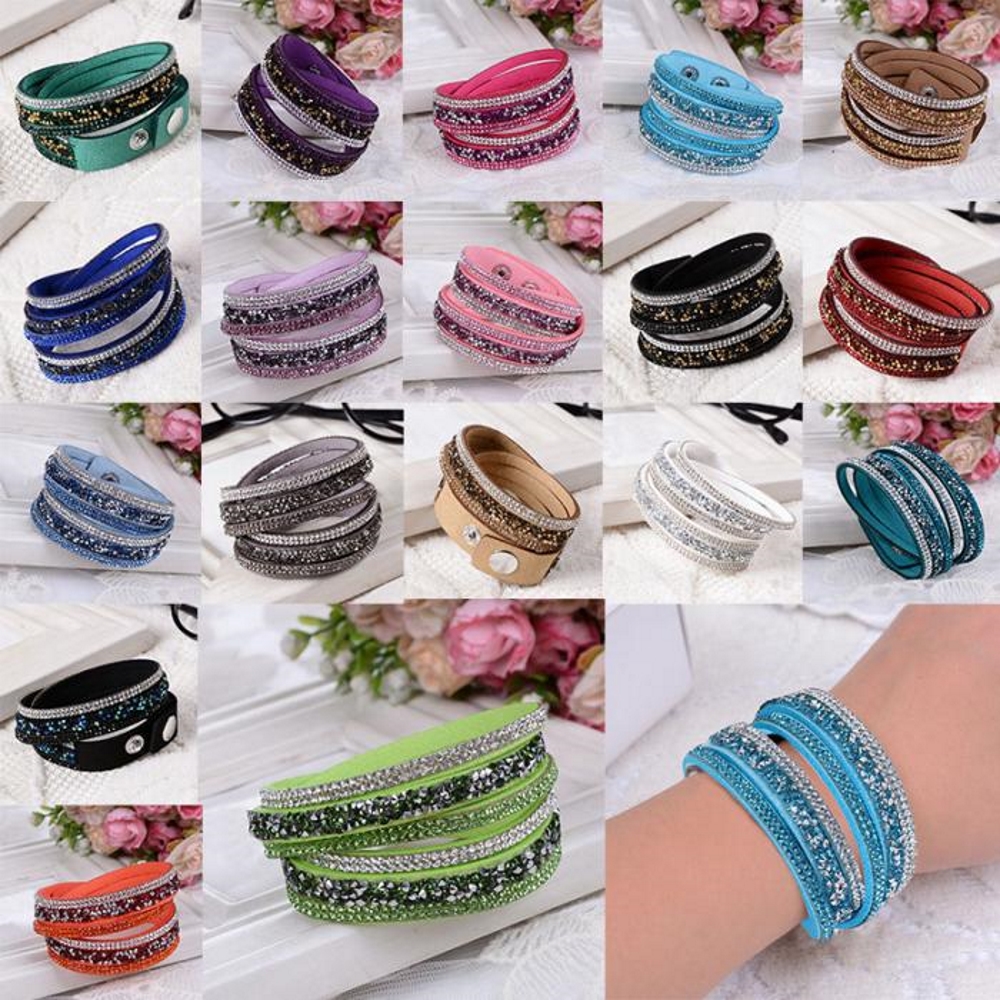 Rhinestone Leather Wrap Wristband Cuff Punk Bracelet Bangle - 4