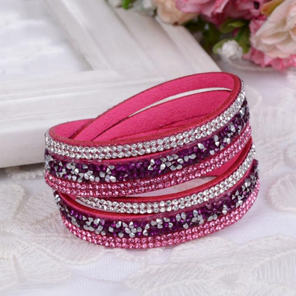 Rhinestone Leather Wrap Wristband Cuff Punk Bracelet Bangle - 13