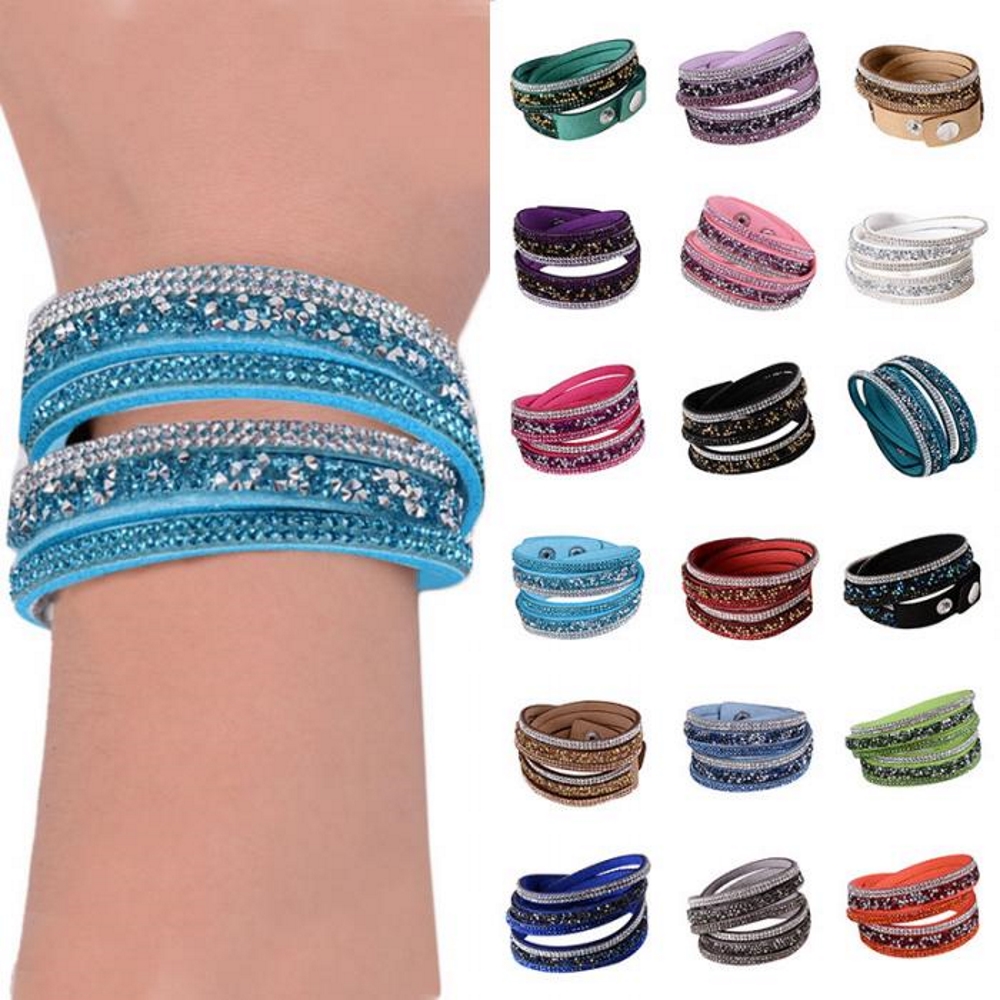 Rhinestone Leather Wrap Wristband Cuff Punk Bracelet Bangle