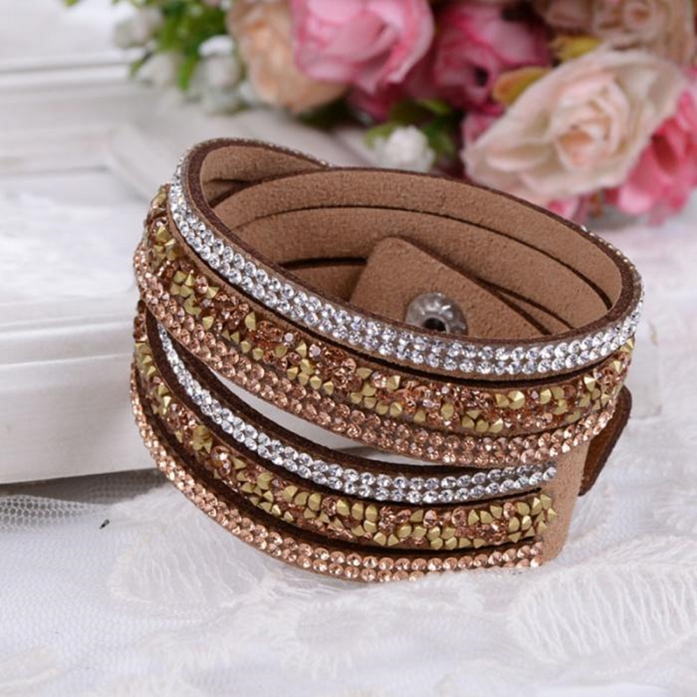 Rhinestone Leather Wrap Wristband Cuff Punk Bracelet Bangle - 7