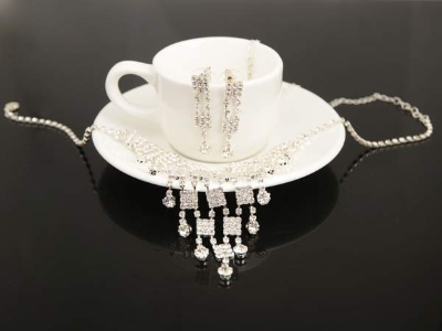 Silver Plated Necklace Set Wedding Bridal Jewelry Crystal Necklace+Earrings - 2