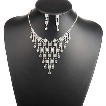 Silver Plated Necklace Set Wedding Bridal Jewelry Crystal Necklace+Earrings