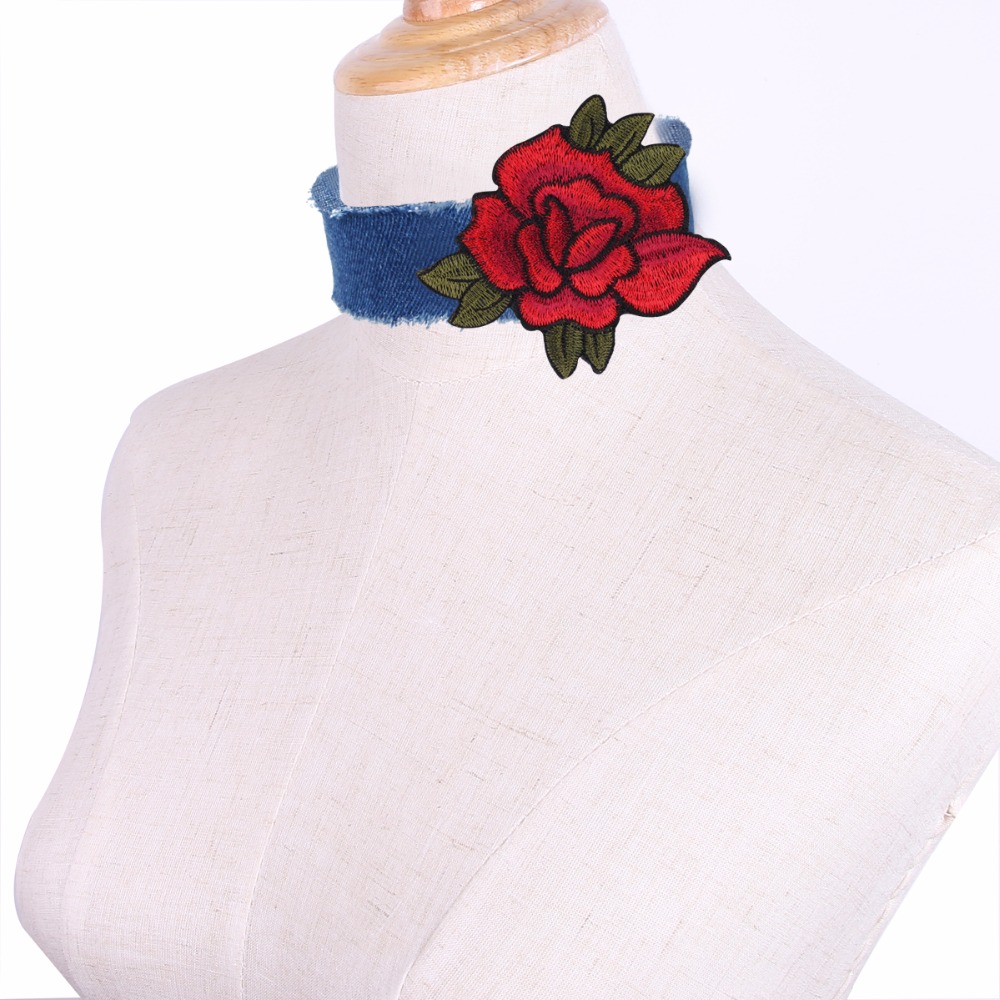 Halsband choker blå jeans blomma - 5