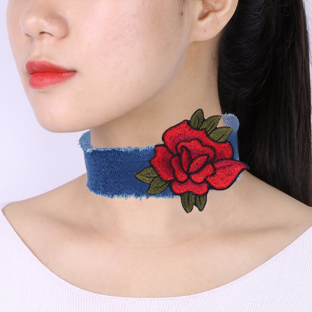 Halsband choker blå jeans blomma - 6