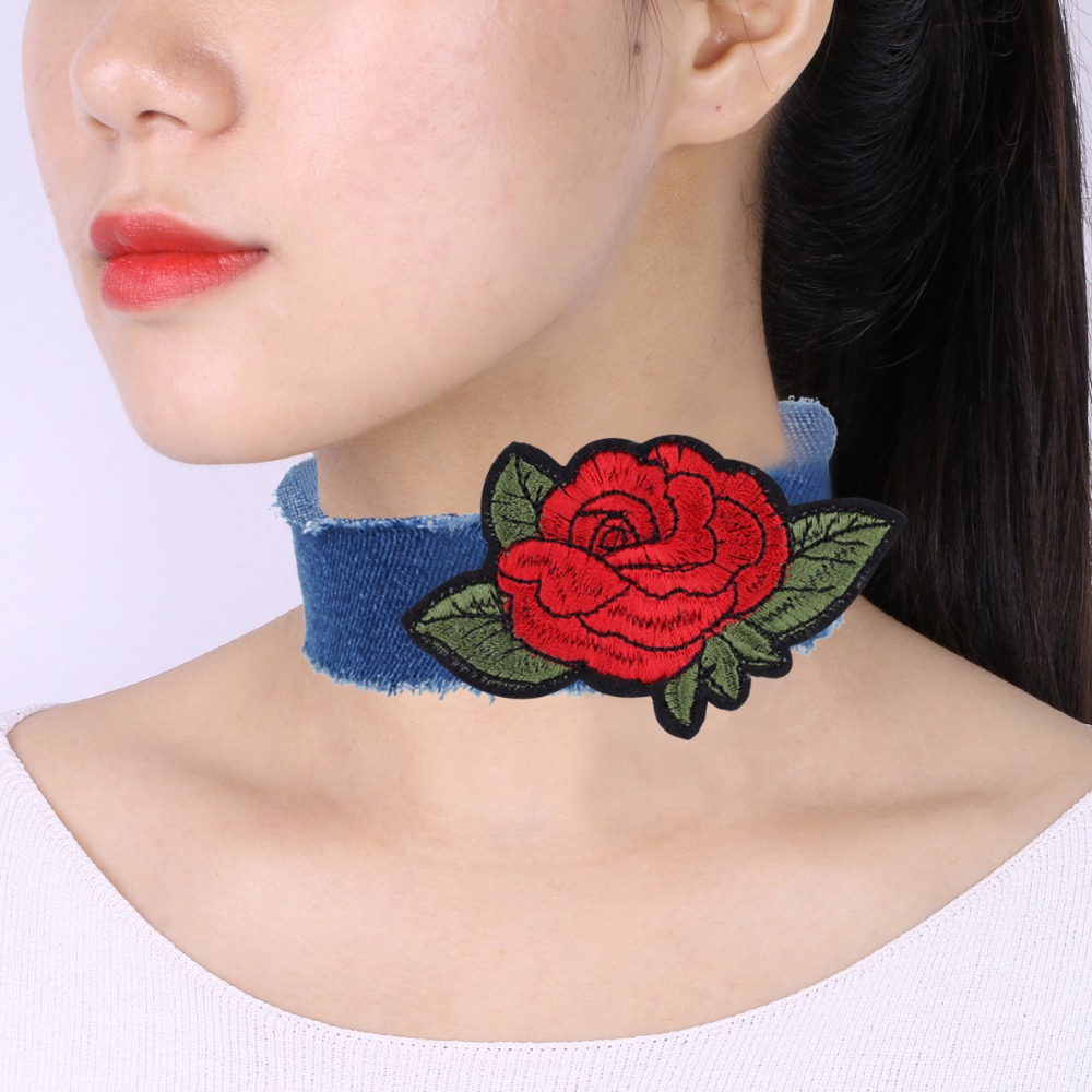 Halsband choker blå jeans blomma - 4