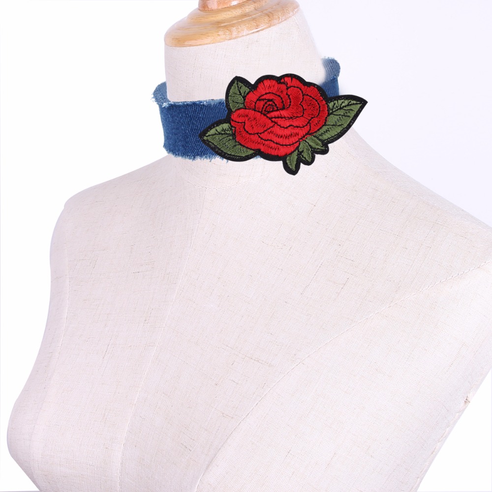 Halsband choker blå jeans blomma - 5