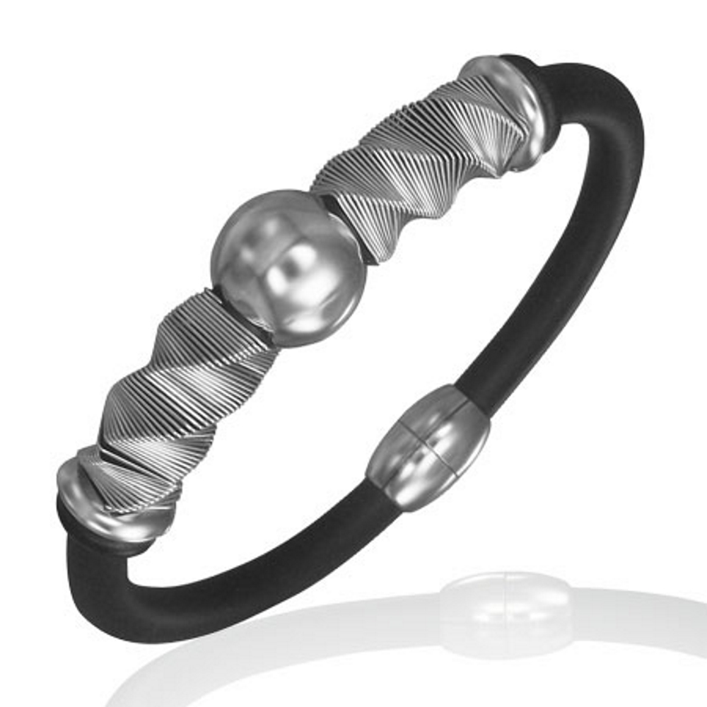 Svart Gummi 2-tone Armband w / Rostfritt stål Geometriska Twisted Cable Wire Abacus-stil & magnetlås