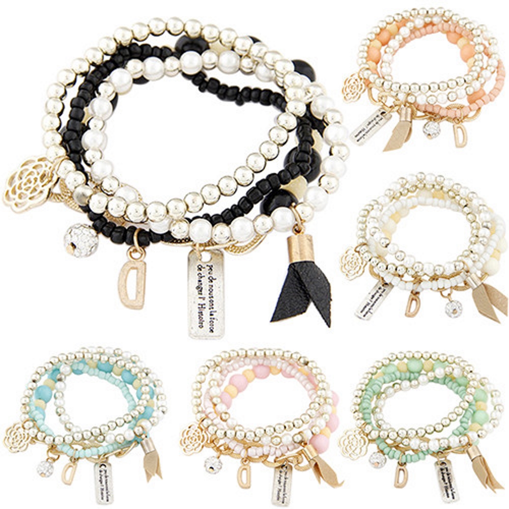 Armband 4 ST Retro bokstavs D Flerskikts armband blomma STRASS