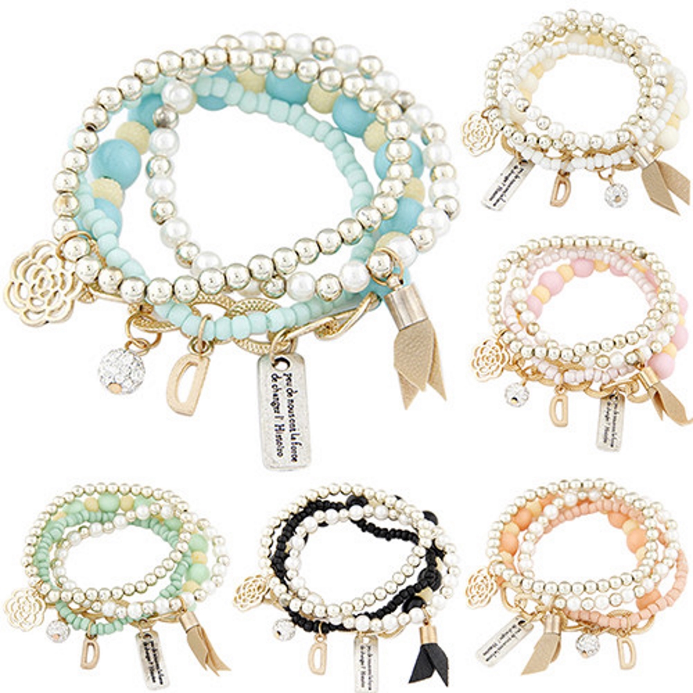 Armband 4 ST Retro bokstavs D Flerskikts armband blomma STRASS - 2