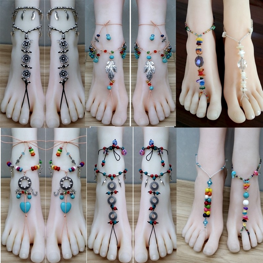 Anklet Chain Ankle Bracelet Barefoot Imitation Pearl Turquoise 2ST SET