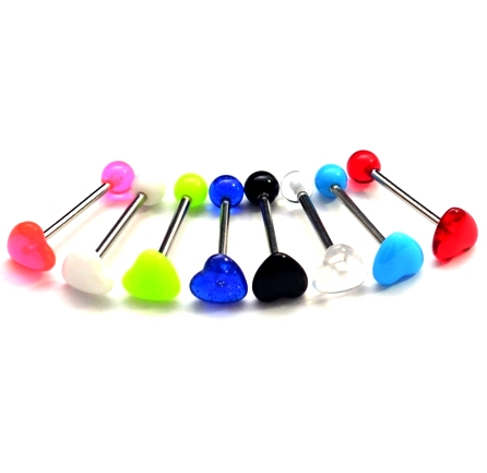 316L  steel Tongue Barbells with UV Glitter Balls heart