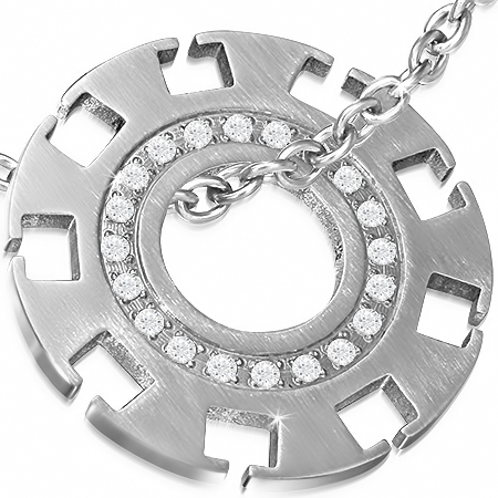 Stainless Steel Pave-Set Fancy Circle Pendant w/ CZ