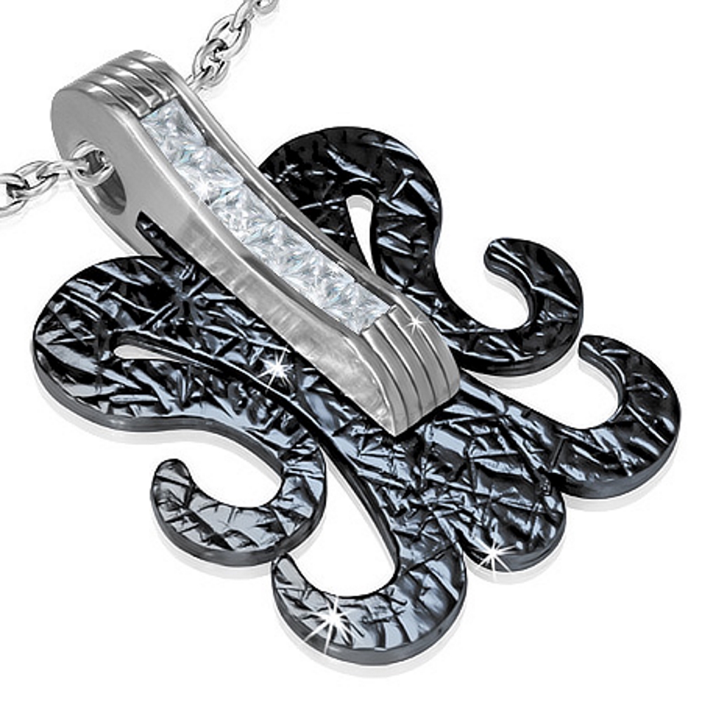 Stainless Steel 2-tone Fleur De Lis Flower Invisible Bail Pendant w/ CZ