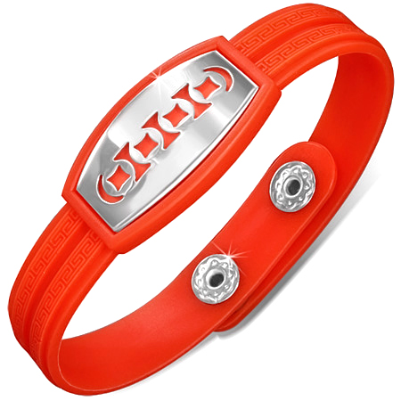 Grekiska Nyckel Randig Orange Gummi 2-tonar Fäst Armband w / rostfritt stål Klipp ut geometriska Watch Stil