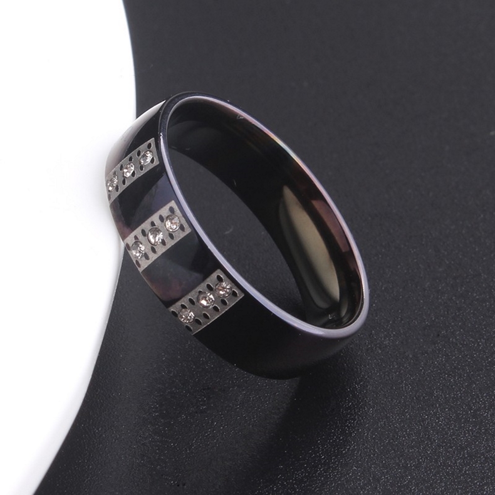 Rostfritt stål ring 6mm svart tre rader kristall - 5