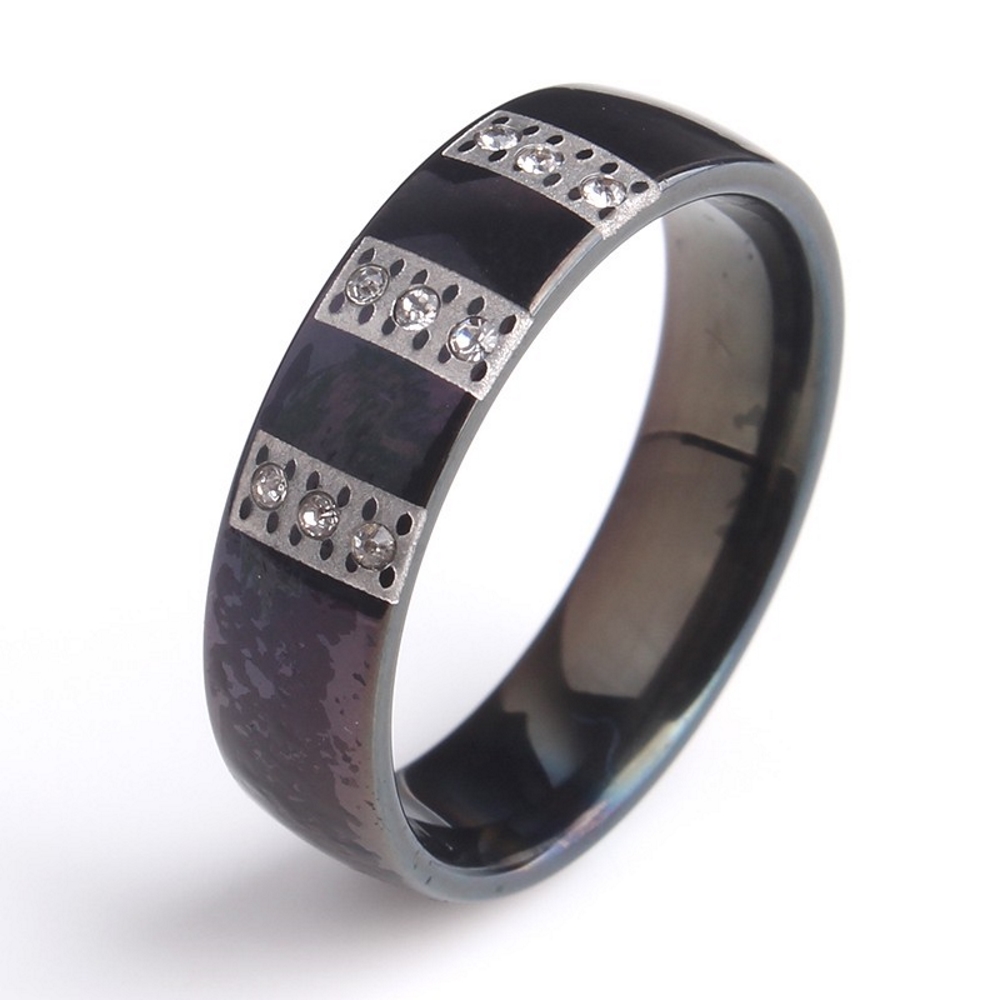 Rostfritt stål ring 6mm svart tre rader kristall
