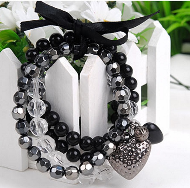 Bracelet Black Heart Bowknots Beaded Bracelet - 3