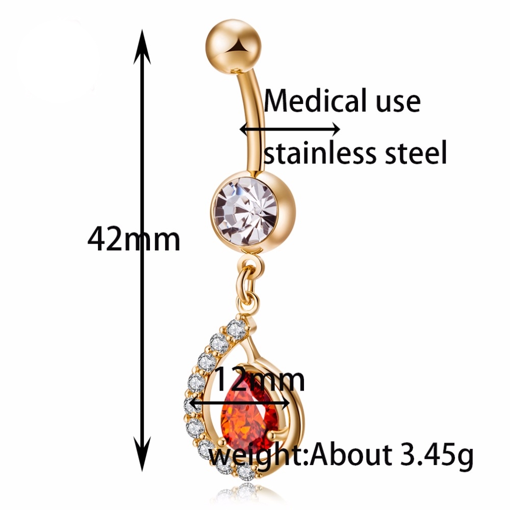 Guldpläterade navelpiercing CZ  VIT, RÖD, ORANGE - 3