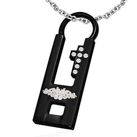 Black Stainless Steel Flower Vine Latin Cross Padlock Invisible Bail Pendant w/ CZ 