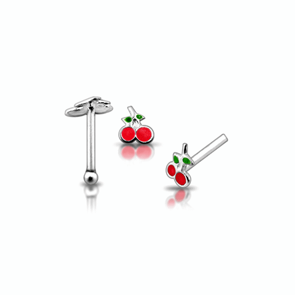 925 Silver Hand Painted Cherry with Leaves Nose Stud