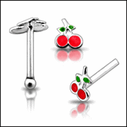 925 Silver Hand Painted Cherry with Leaves Nose Stud - 2