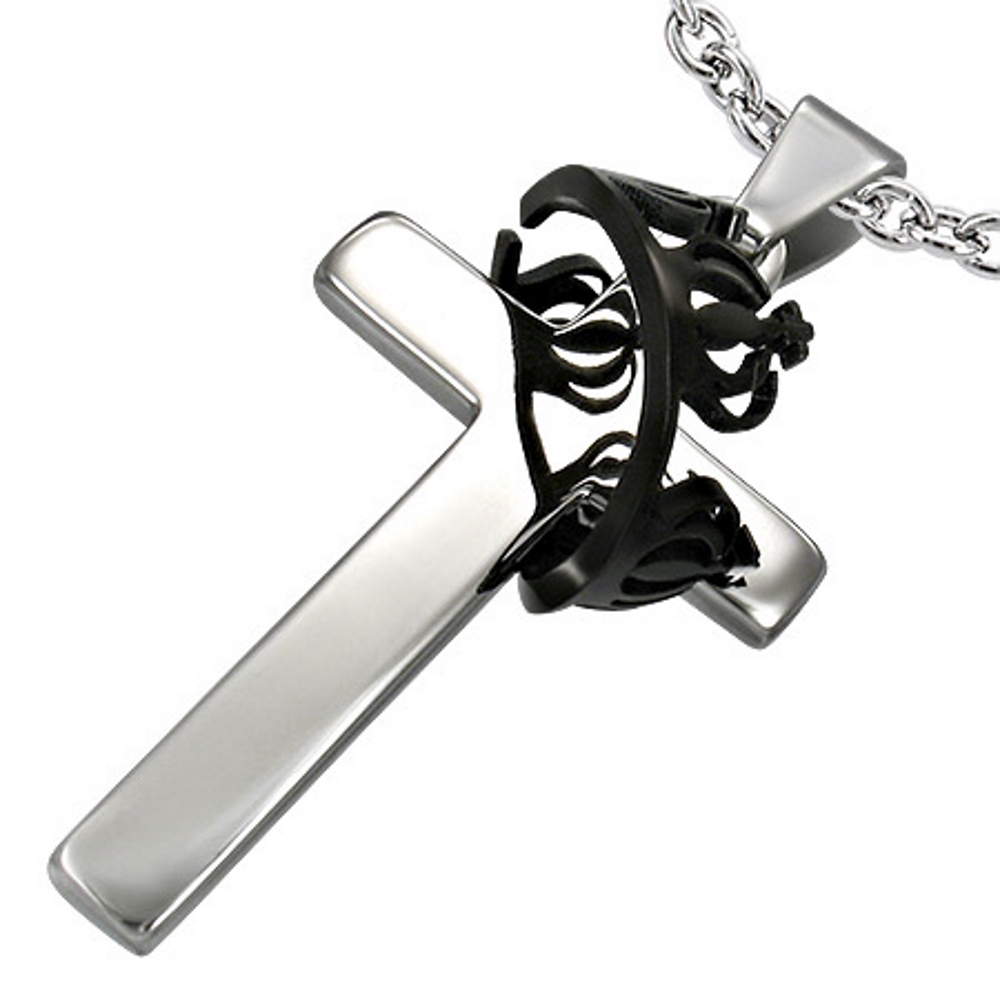 Stainless Steel 2-tone Latin Cross Interlocking Royal Princess Crown Ring Pendant