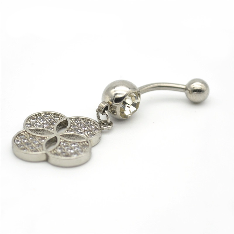 Navel Belly Button Ring Body Piercing 316l Steel Four Leaf Clover Crystal Zircon - 2